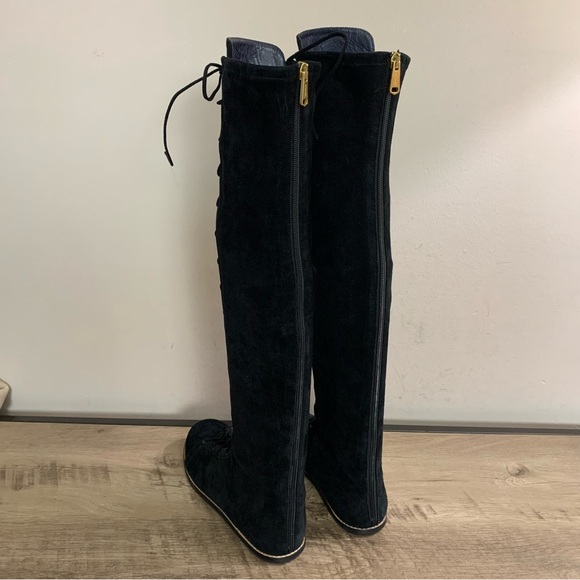Women's VIONNET PARIS Black Suede OTK Over The Knee LACE UP Flat DESIGNER BOOTS - Picture 5 of 9